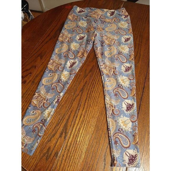 Tall Curvy 12-18 LulaRoe Blue Cream Wine Floral Paisley Casual Athletic Leggings - Picture 1 of 3
